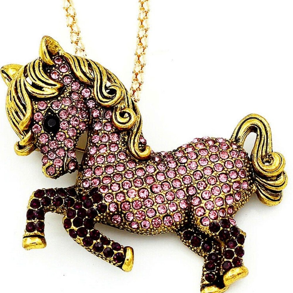 Adorable Pink & Black Horse Necklace / Pin